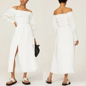 ALLSAINTS Lary Dress Women 2 Ivory Off-Shoulder Midi Shirred Bodice Linen Silk